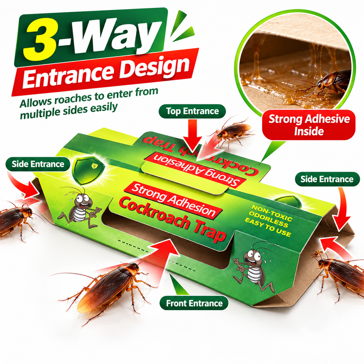 Cockroach trap 3-way entrance and strong adhesive design