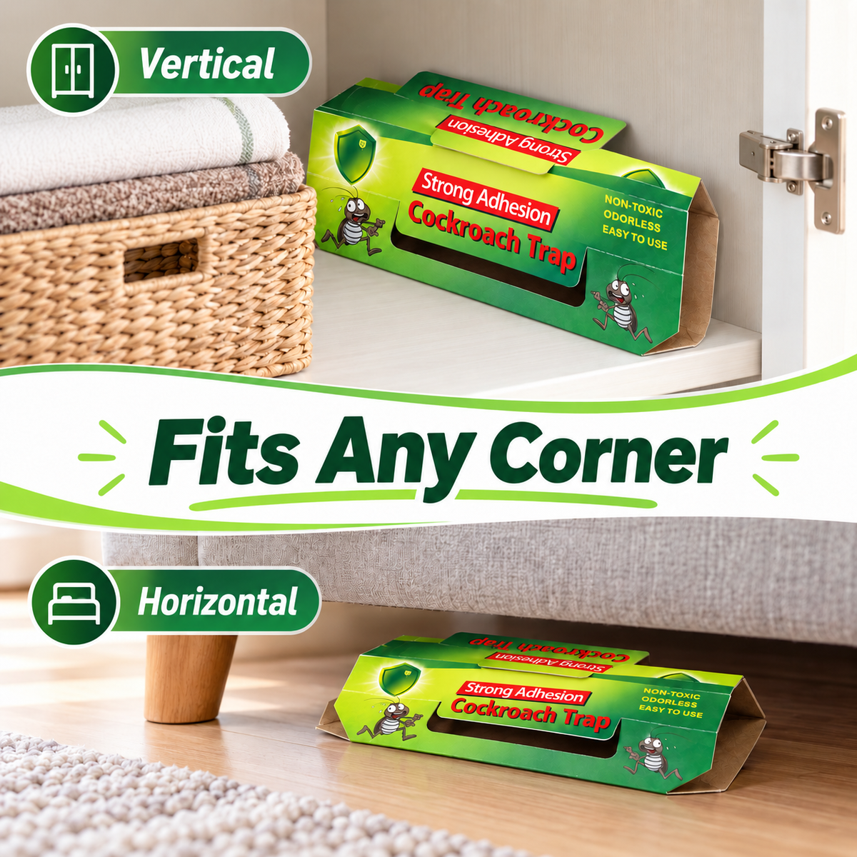 Cockroach trap vertical and horizontal placement options